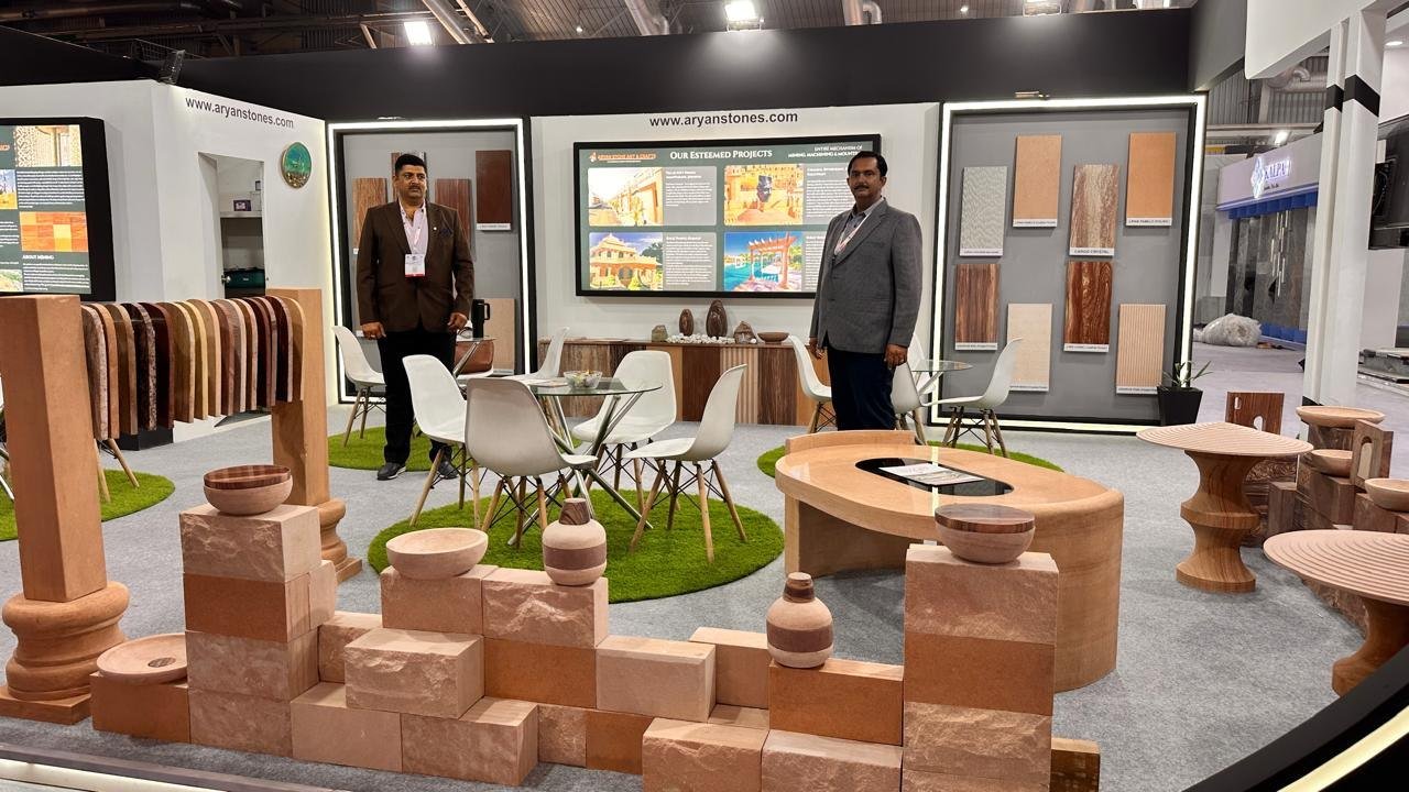 Aryan Stone Art & Crafts exhibition stand showcasing sandstone furniture and finishes